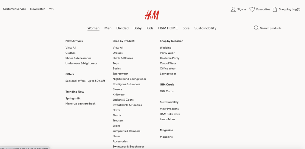 A screenshot of the H&M navigation menu. Off-black text on an off-white background.