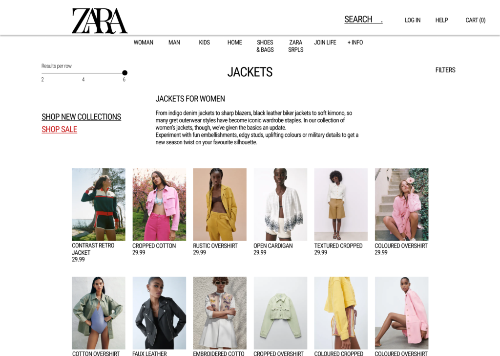 Screenshot of a clothing website page in desktop view