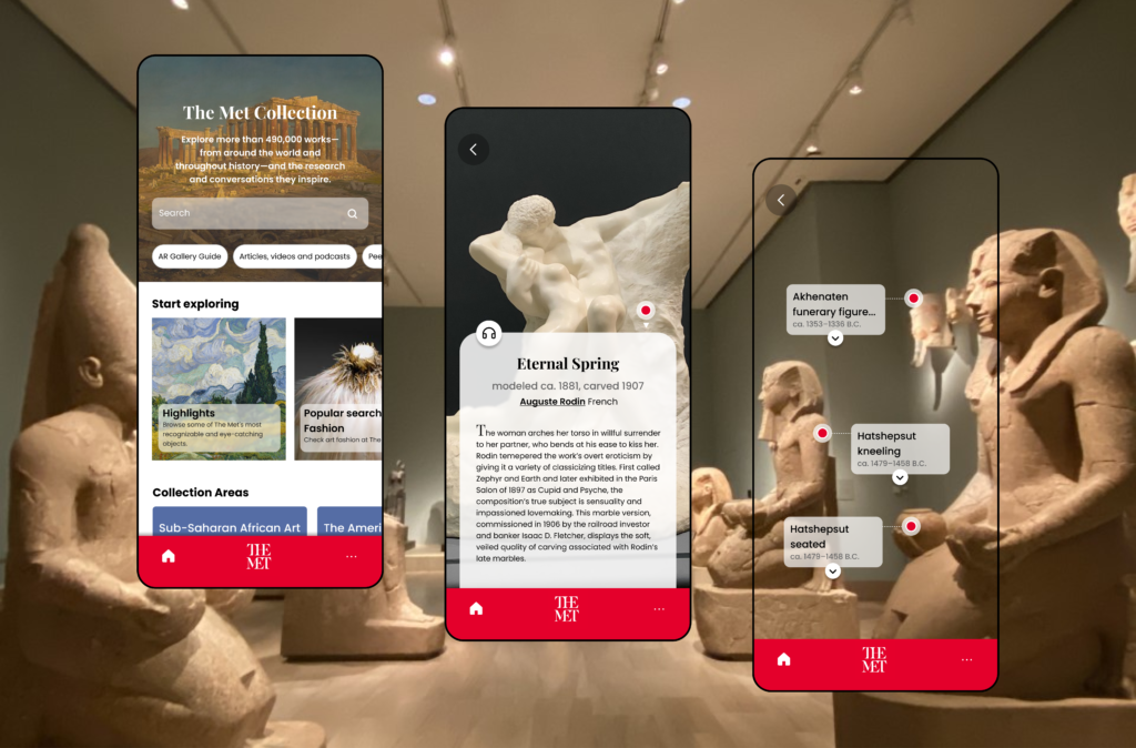 3 screens depicting an AR gallery guide